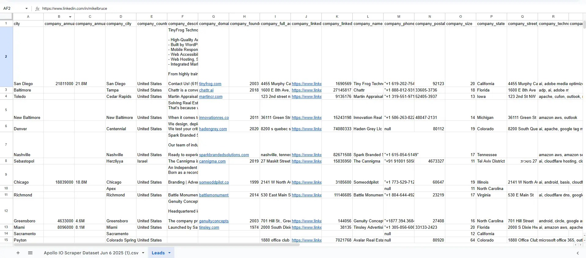 Google Sheets output showing processed lead data